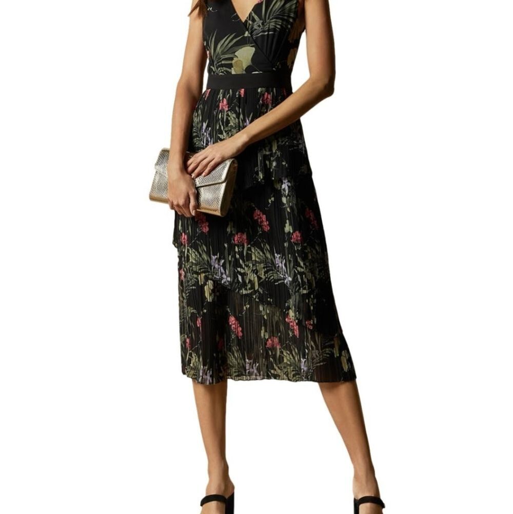 🍒NWOT🍒 TED BAKER TIERED PLEATED MIDI DRESS - Picture 4 of 13